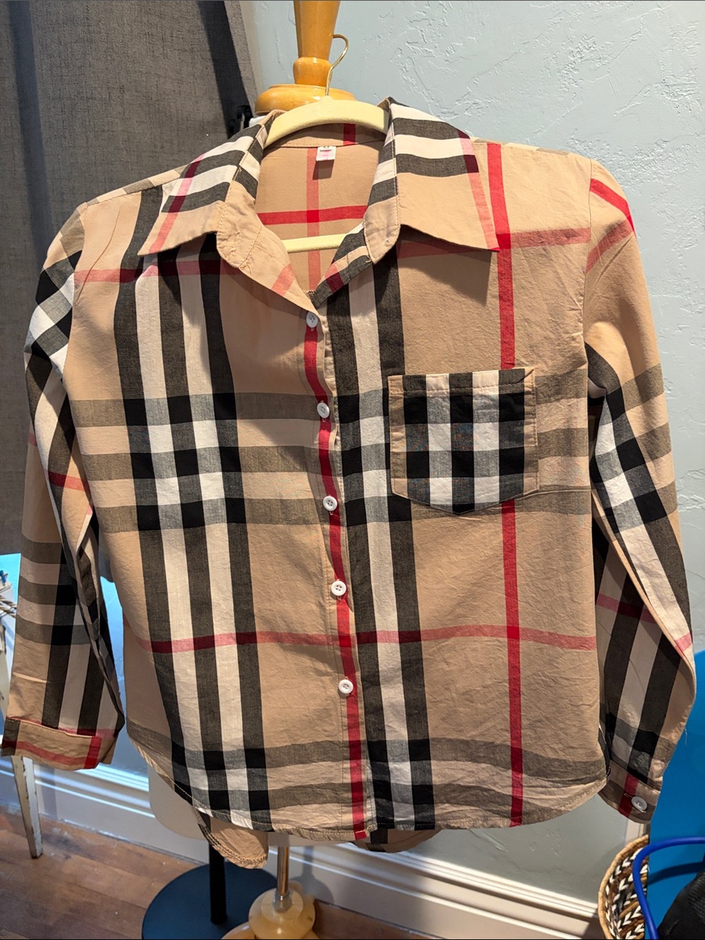 Beige Plaid Button-Up Classic Long Sleeve Top